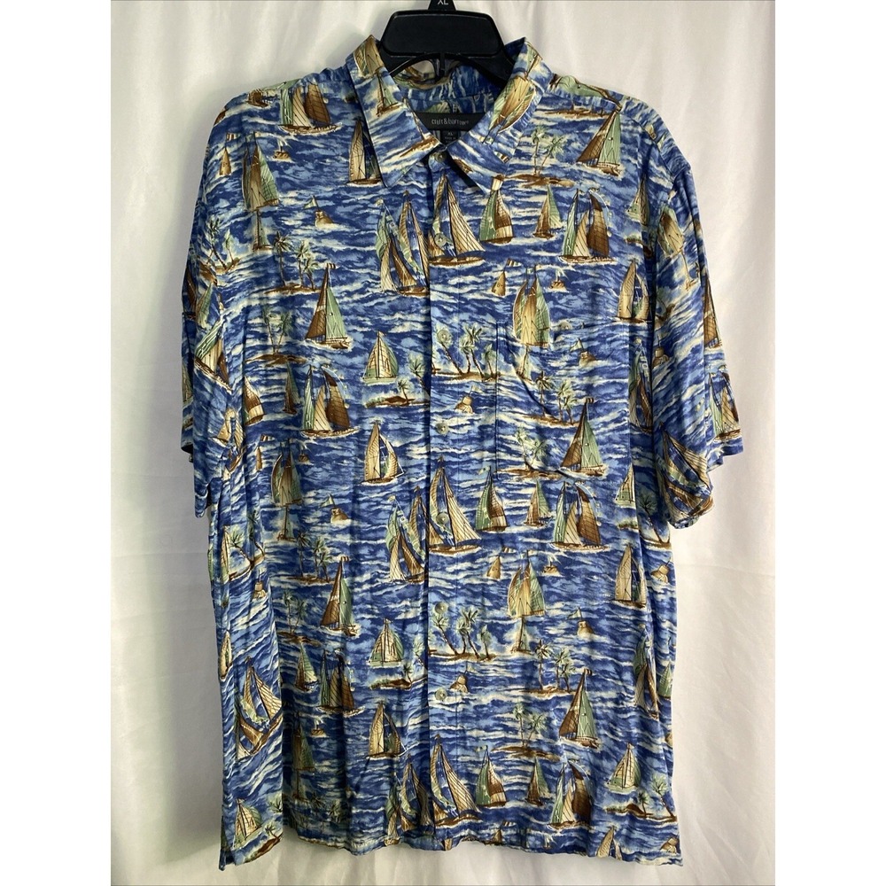 Croft & Barrow Button Front Shirt Mens XL Blue Excellent Nautical Sailboat Rayon